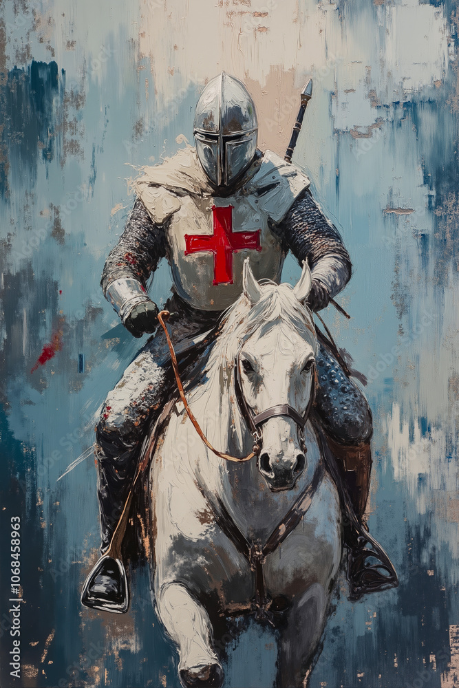 Fototapeta premium A painting of a knight on a white horse