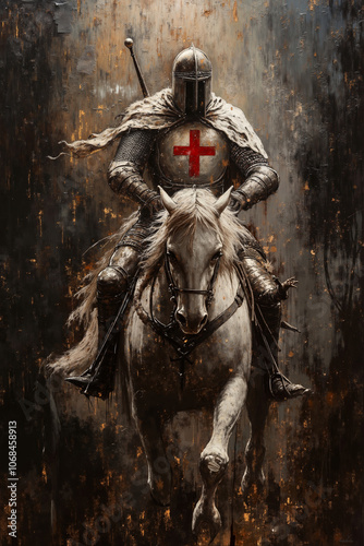 A painting of a knight on a horse with a red cross on his chest