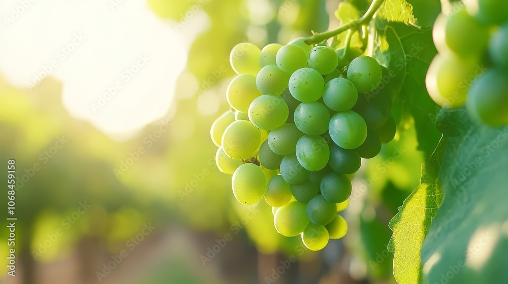 Closeup of lush green grapes hanging on a vine, glistening in the sunlight Closeup of lush green grapes hanging on a vine, glistening in the sunlight