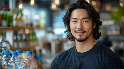 Portrait of a young smiling man refilling his reusable water bottle at a public water station photo