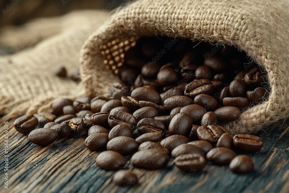 Fototapeta premium a burlap sack tipped over, with dark roasted coffee beans spilling onto a rustic wooden surface