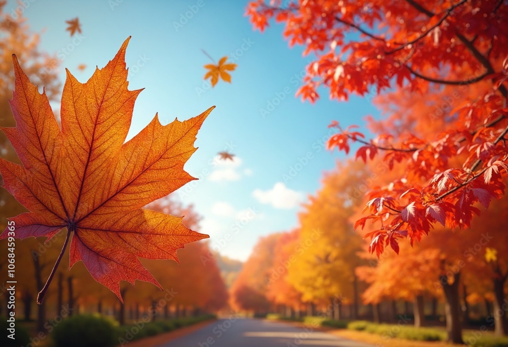 Vibrant autumn leaves in shades of orange and red against blue sky create serene and colorful scene. beauty of nature is captured in this peaceful moment Vibrant autumn leaves in shades of orange and red against blue sky create serene and colorful scene. beauty of nature is captured in this peaceful moment