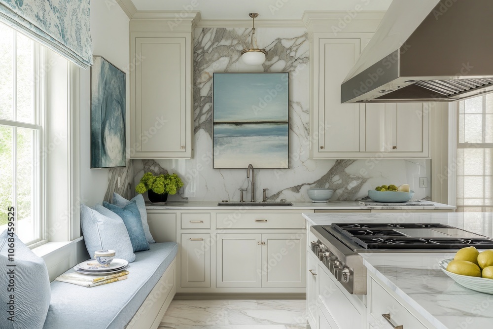 Fototapeta premium Modern Kitchen with White Cabinets, Marble Backsplash, and Window Seat