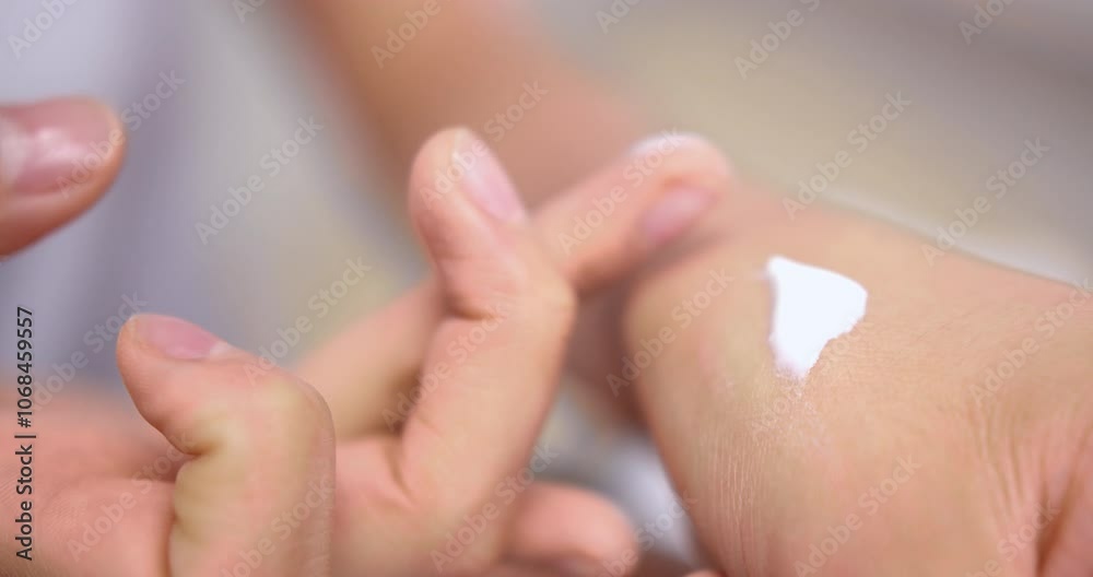 Beautiful slow motion close-up detail of a nurse's hands taking cream from her arm to do a beauty treatment in a dermatology clinic. Beautiful slow motion close-up detail of a nurse's hands taking cream from her arm to do a beauty treatment in a dermatology clinic.