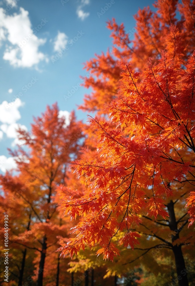 Vibrant autumn leaves in shades of orange and red against blue sky create serene and colorful scene. beauty of nature is captured in this peaceful moment Vibrant autumn leaves in shades of orange and red against blue sky create serene and colorful scene. beauty of nature is captured in this peaceful moment