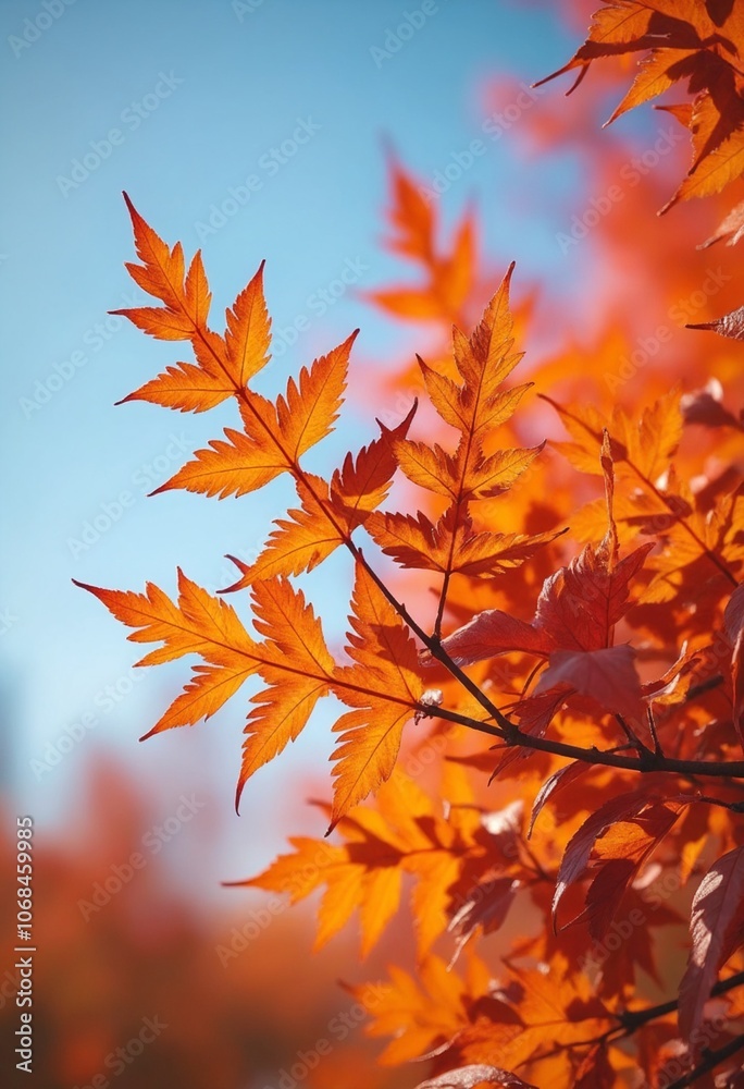 Vibrant autumn leaves in shades of orange and red against blue sky create serene and colorful scene. beauty of nature is captured in this peaceful moment Vibrant autumn leaves in shades of orange and red against blue sky create serene and colorful scene. beauty of nature is captured in this peaceful moment