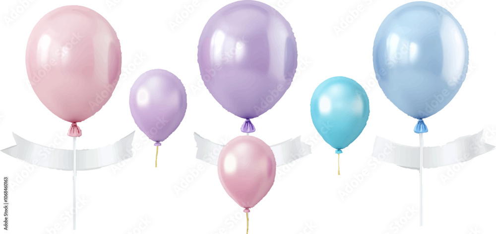 Set of 3D colorful balloons with banners and ribbons happy birthday concept Isolated on a white background Set of 3D colorful balloons with banners and ribbons happy birthday concept Isolated on a white background