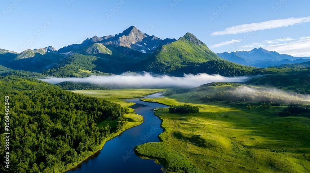 Mesmerizing Foggy Mountain Landscape with Lush Green Rolling Hills and Winding River Showcasing the Untouched Natural Beauty and Conservation Efforts