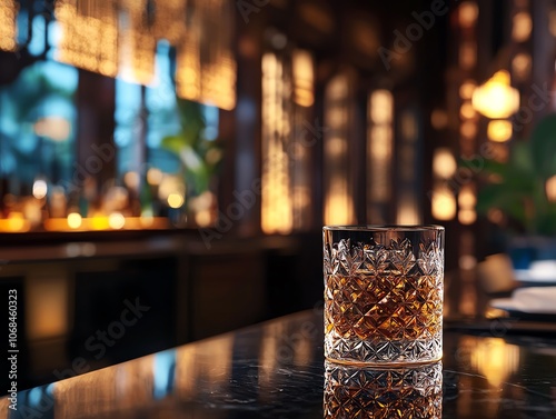 Refined Japanese whisky in a classic tumbler, dark polished bar, rich amber tones, blurred background, warm light, luxury ambiance