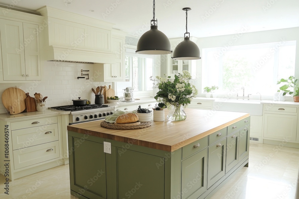 Green Kitchen Island with White Cabinets and Farmhouse Sink Green Kitchen Island with White Cabinets and Farmhouse Sink