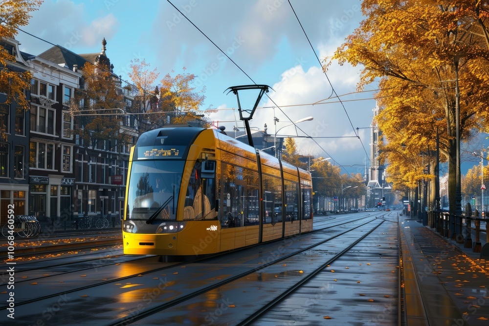 Fototapeta premium Yellow tram passing through a city street with colorful autumn foliage and wet tram tracks