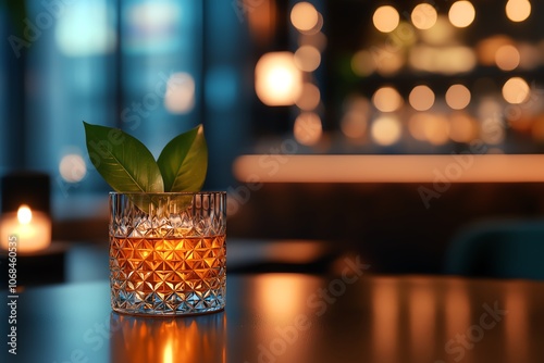 Single pour of Japanese whisky in crystal glass, polished dark bar, blurred spirits behind, amber tones, warm and luxurious scene