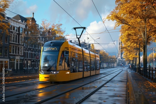 Yellow tram passing through a city street with colorful autumn foliage and wet tram tracks photo