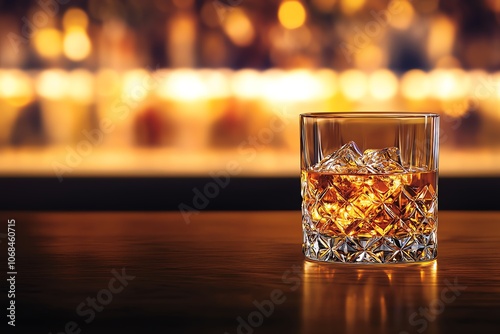 Vintage glass of Japanese whisky on dark wood bar, blurred spirits in background, warm amber light, classic and sophisticated taste photo