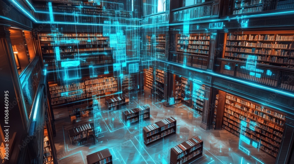 A futuristic library interior with bookshelves and digital data overlay. A futuristic library interior with bookshelves and digital data overlay.