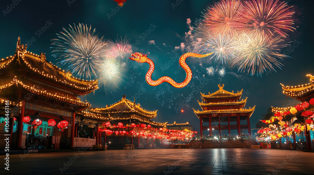 Fireworks in the night sky over a Chinese temple adorned with lanterns during Chinese New Year celebrations.. Fireworks in the night sky over a Chinese temple adorned with lanterns during Chinese New Year celebrations..