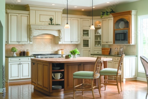 Kitchen Island with White Cabinets and Wood Countertops