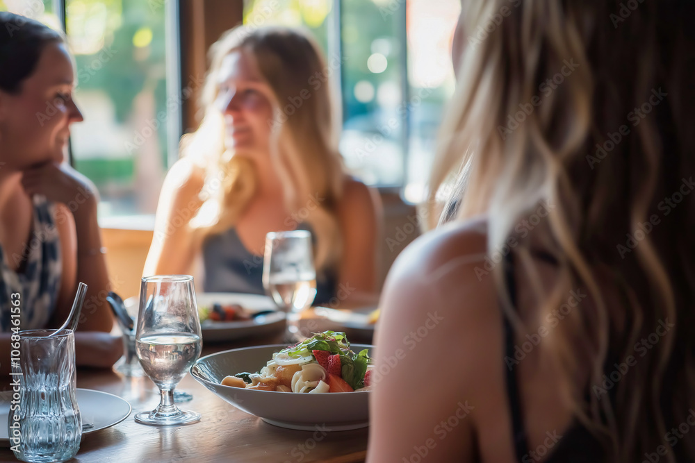 Group of Young Women Enjoying Casual Lunch Together in Sunlit Cafe. Group of Young Women Enjoying Casual Lunch Together in Sunlit Cafe.