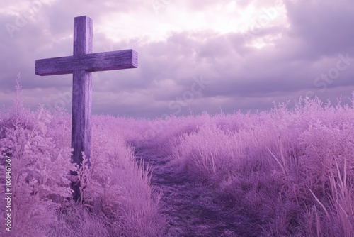 Lent Season: Spiritual Christian Background with Wooden Cross in Purple Landscape