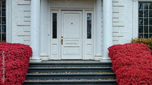 A white front door with sidelights sits on a porch with a set of steps leading up to it