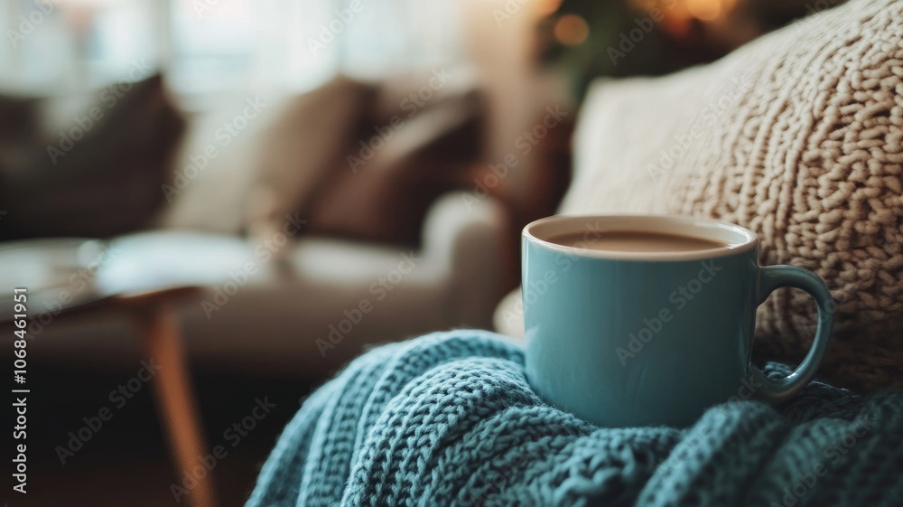 Blue ceramic mug of coffee on knitted blanket, cozy living room setting Blue ceramic mug of coffee on knitted blanket, cozy living room setting