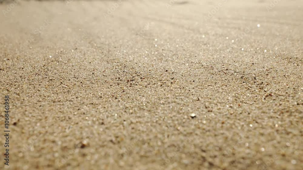 Close-up of beach sand with wind-blown grains, sunlit with gentle golden shimmer Close-up of beach sand with wind-blown grains, sunlit with gentle golden shimmer