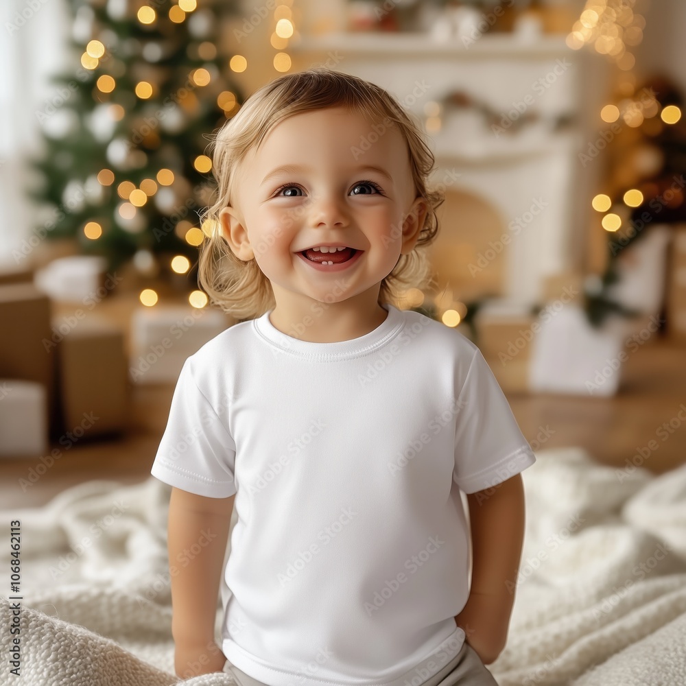 Obraz premium Little baby wearing blank white tshirt mockup. Cute kid model in basic short sleeve tee, sitting on the floor in living room with sparkling Christmas tree. Casual crewneck shirt mock