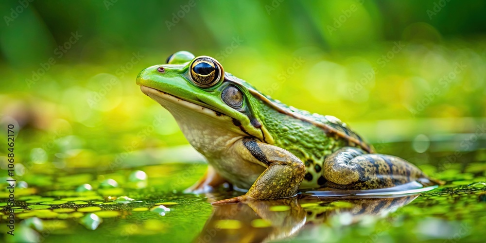 Obraz premium Frog peacefully sitting in vibrant green swamp water, frog, wildlife, nature, animal, amphibian, green, swamp, water