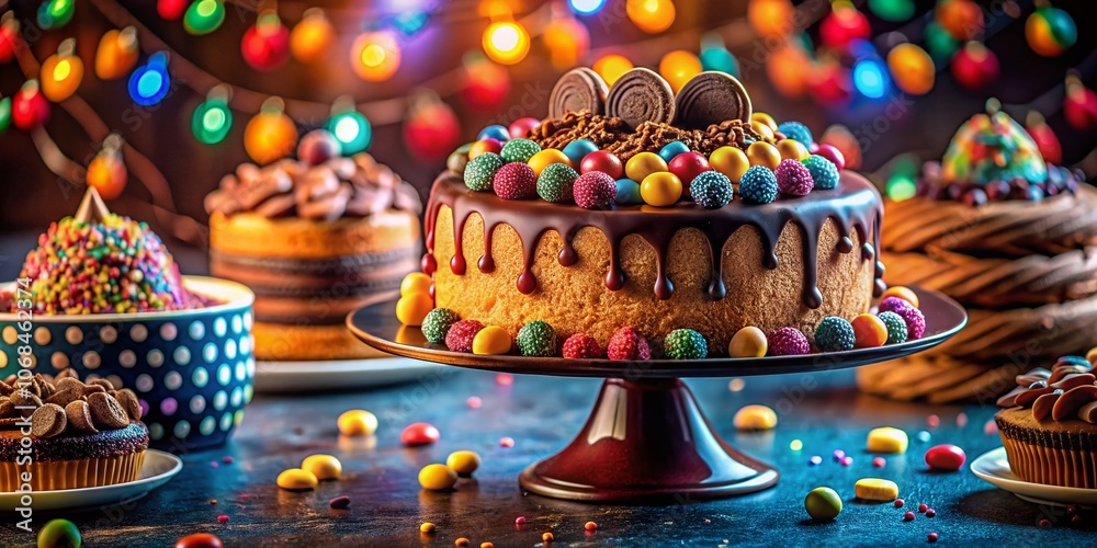Naklejka premium Elegant Silhouette of a Colorful Birthday Cake with Chocolate Chips, Perfect for Party Celebrations and Generative AI Photography