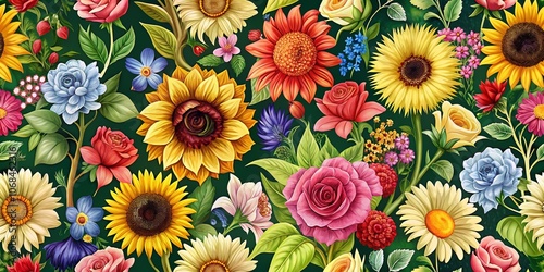 Elegant Seamless Floral Pattern with Sunflowers, Irises, Roses, and Daisies for Repeatable Botanical Backgrounds, Ideal for Printing and Textile Design