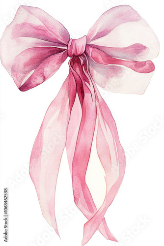 delicate watercolor illustration of pink ribbon bow, featuring soft hues and flowing tails that evoke sense of elegance and charm. Perfect for decorative purposes or as gift embellishment