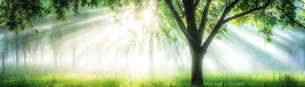 Fototapeta premium Sun Rays Through Trees In Foggy Forest.