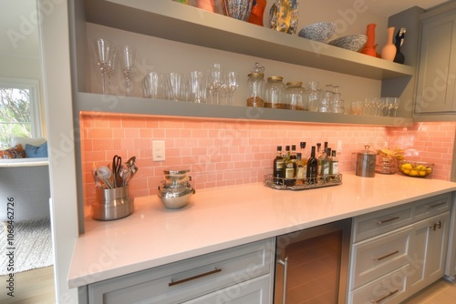 Contemporary Kitchen Countertop with Pink Tile Backsplash photo