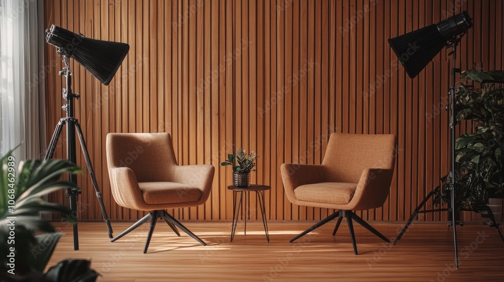 Minimal podcast studio with two chairs and ample background space for text or media overlays, styled for professional content. Minimal podcast studio with two chairs and ample background space for text or media overlays, styled for professional content.