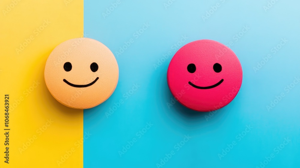 Two smily faces on bright, contrasting backgrounds, one yellow and blue Two smily faces on bright, contrasting backgrounds, one yellow and blue