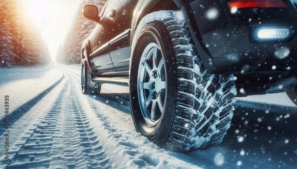 Car tires on a winter road covered with snow. Close-up