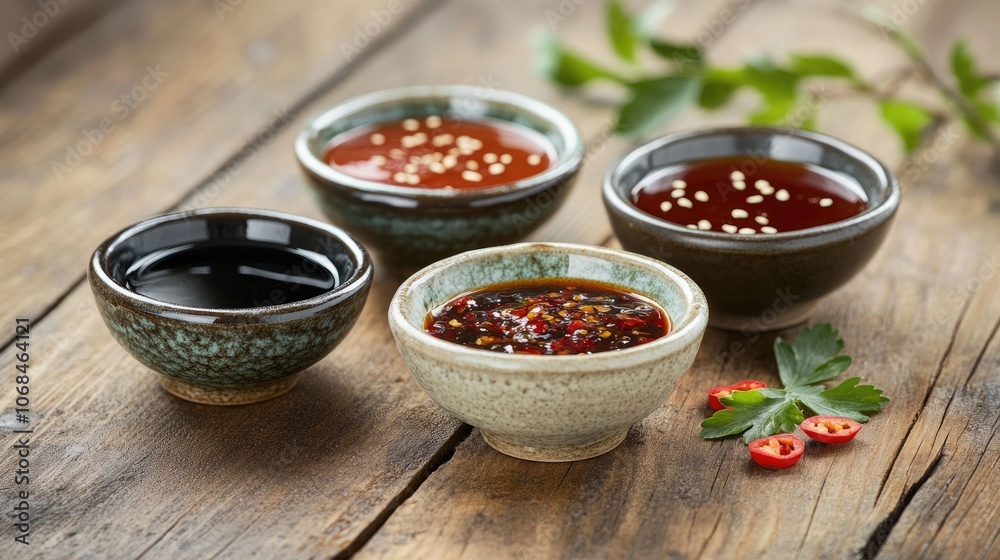 Small Ceramic Bowls with Variety of Sauces Small Ceramic Bowls with Variety of Sauces