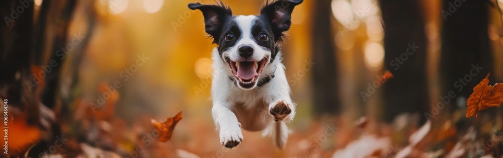 A cheerful dog bounds through a path covered with vibrant autumn leaves, showcasing its happiness amidst the serenity of a wooded area on a clear day A cheerful dog bounds through a path covered with vibrant autumn leaves, showcasing its happiness amidst the serenity of a wooded area on a clear day