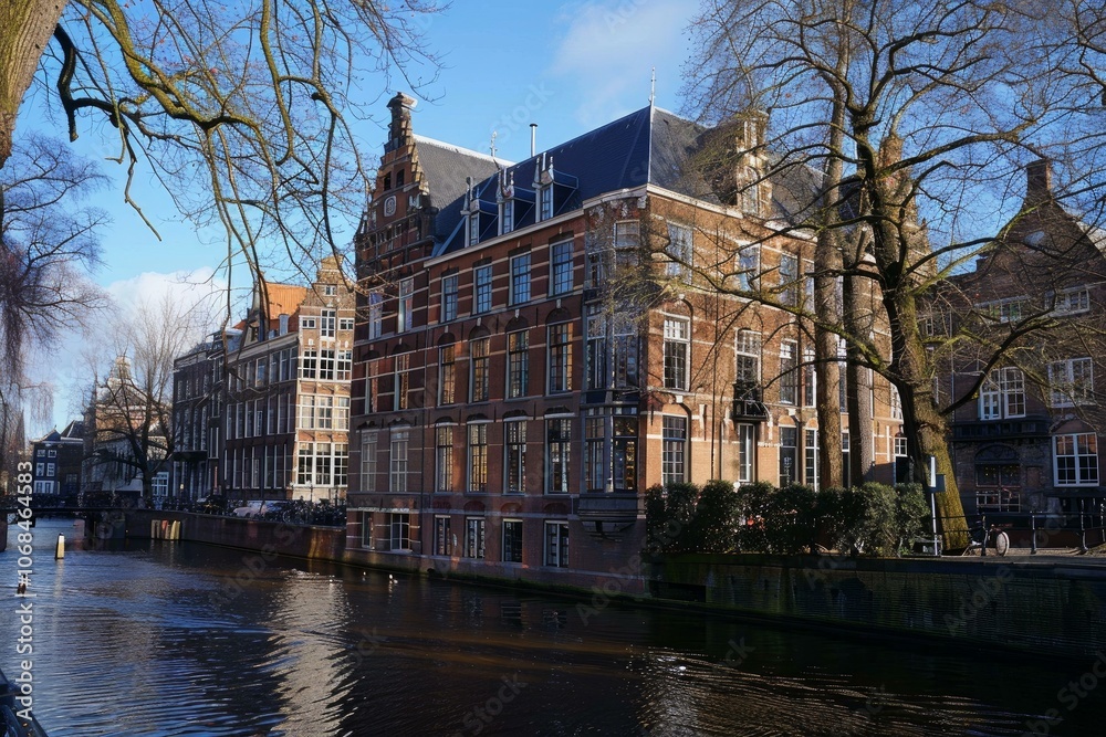 Canal reflecting the sunlight on a beautiful day with traditional brick buildings lining the water in amsterdam, netherlands Canal reflecting the sunlight on a beautiful day with traditional brick buildings lining the water in amsterdam, netherlands