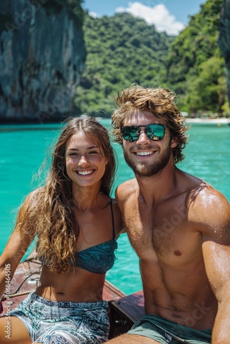 Young couple enjoying a traditional Thai longtail boat ride through crystal-clear waters, surrounded by lush limestone cliffs, relaxed and adventurous mood, vibrant tropical setting