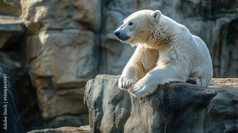 Serene polar bear rests on rocky terrain, appearing contemplative amid rugged landscape Serene polar bear rests on rocky terrain, appearing contemplative amid rugged landscape