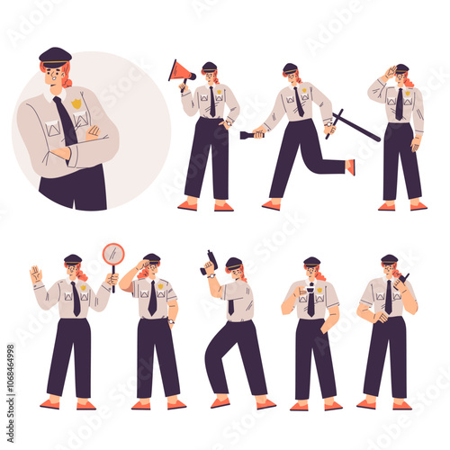 Policewoman Character in Uniform with Tie Vector Set