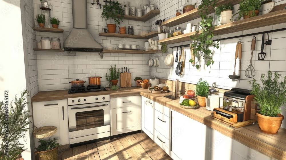 Cozy Kitchen with Open Shelves and Greenery Cozy Kitchen with Open Shelves and Greenery