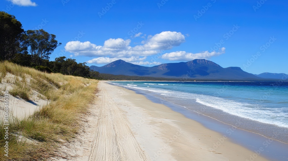 Serene beach with clear blue waters, distant mountains, and sandy shoreline under bright sky Serene beach with clear blue waters, distant mountains, and sandy shoreline under bright sky