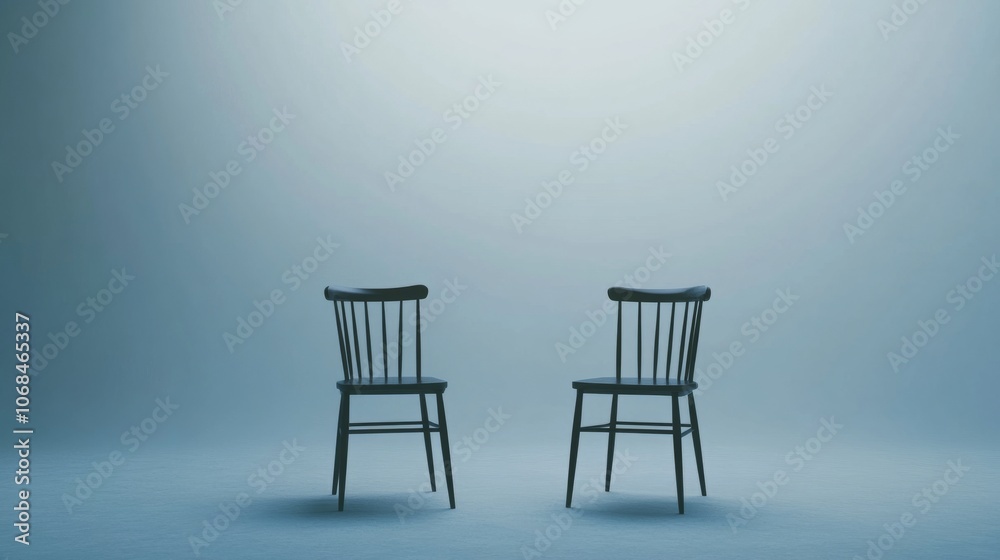Two chairs in a minimalist studio setting, simple background with clean lines and open space for media copy or logos, ideal for podcasts. Two chairs in a minimalist studio setting, simple background with clean lines and open space for media copy or logos, ideal for podcasts.