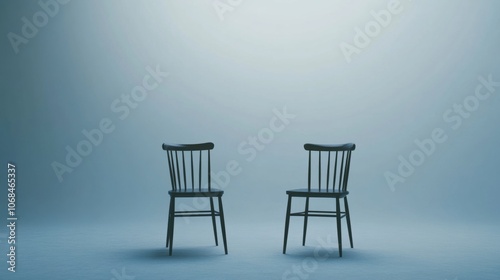 Two chairs in a minimalist studio setting, simple background with clean lines and open space for media copy or logos, ideal for podcasts.