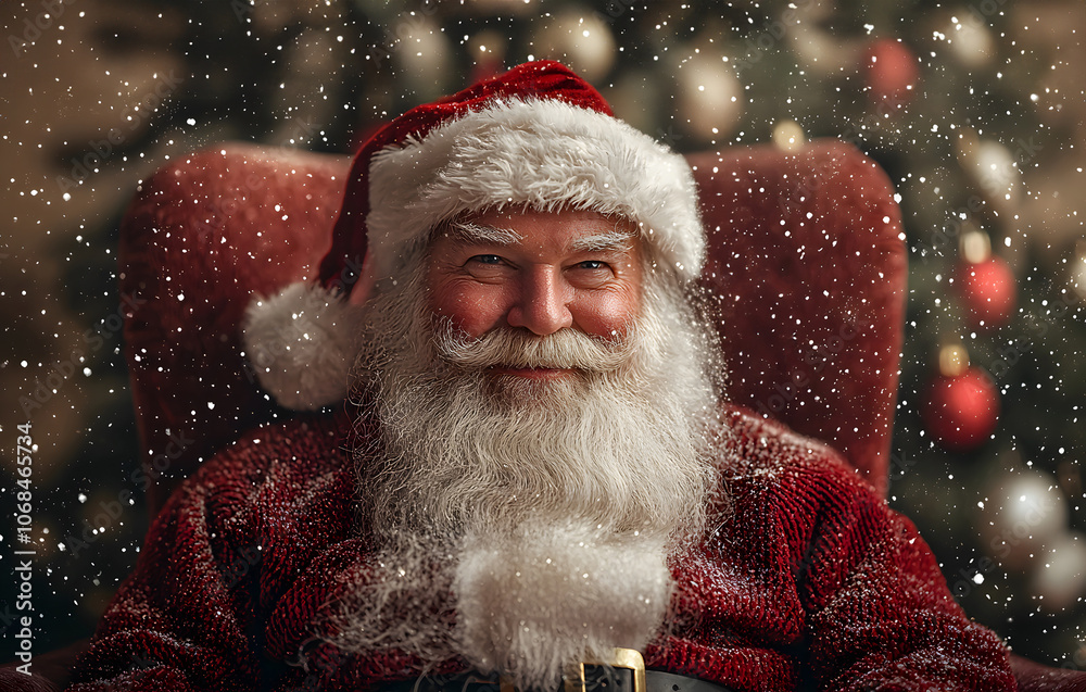 A joyful Santa Claus relaxes in a chair while snow gently falls around him. Generative AI. A joyful Santa Claus relaxes in a chair while snow gently falls around him. Generative AI.
