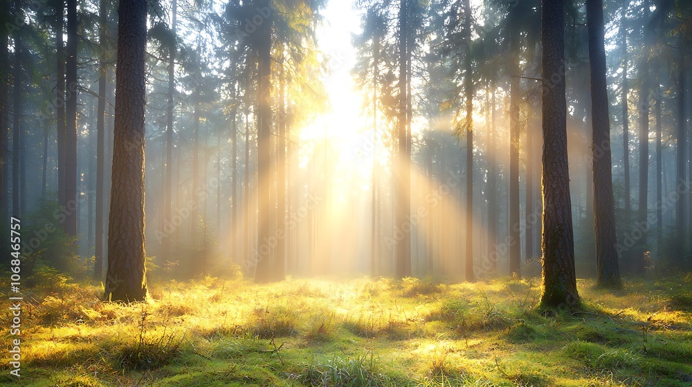 Fototapeta premium Majestic sunlight illuminates a serene forest landscape with a dreamy atmosphere