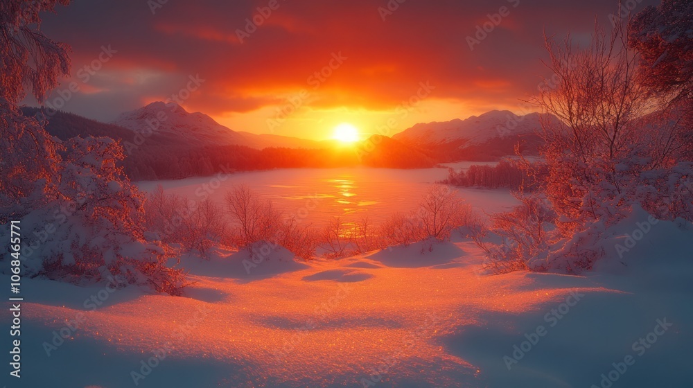 A stunning winter sunset over a snow-covered lake with mountains in the background. A stunning winter sunset over a snow-covered lake with mountains in the background.