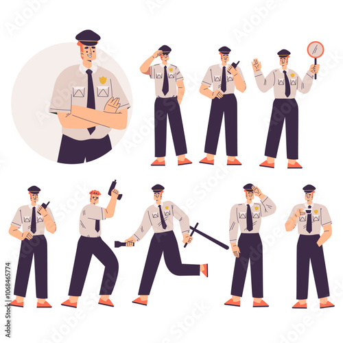 Policeman Character in Uniform with Tie Vector Set